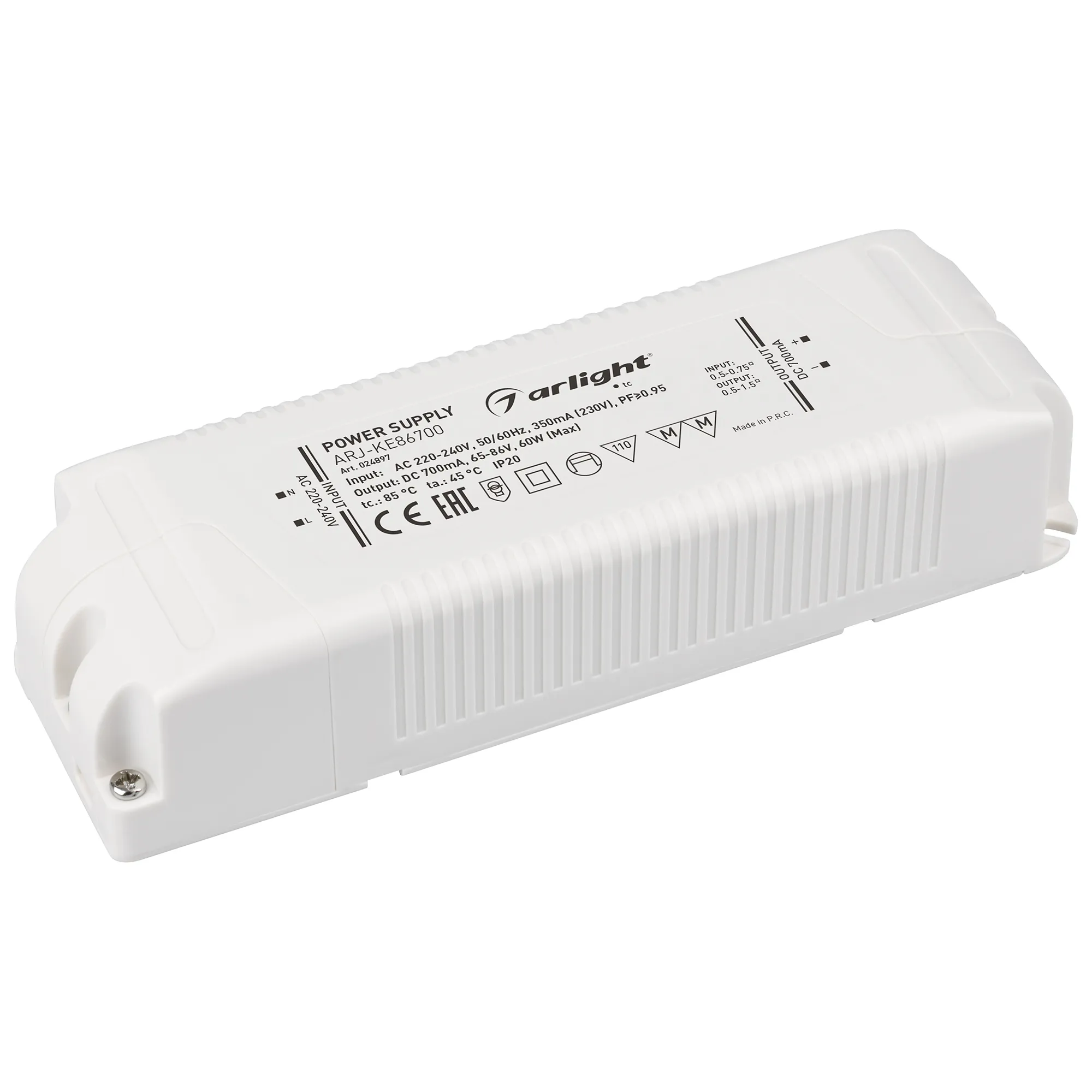 Блок питания ARJ-KE86700 (60W, 700mA, PFC) (Arlight, IP20 Пластик, 5 лет) - изображение товара