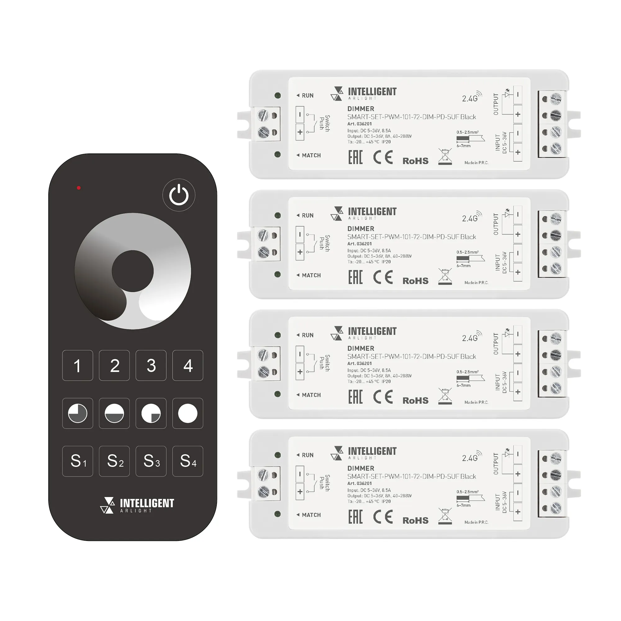 INTELLIGENT ARLIGHT Диммер SMART-SET-PWM-101-72-DIM-PD-SUF Black (5-36V, 1x8A, x4, ПДУ 13кн, 2.4G) (IARL, IP20 Пластик, 5 лет) - изображение товара
